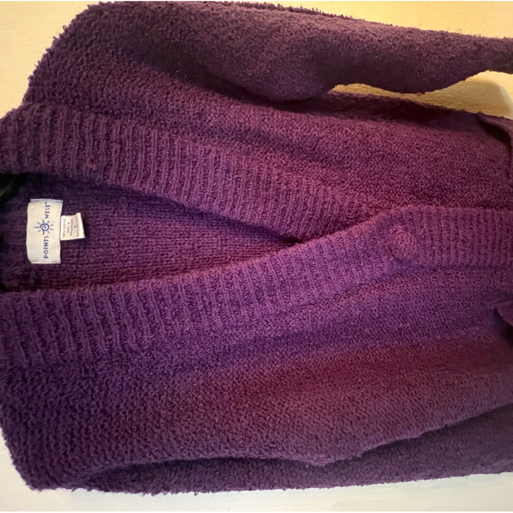 Points West purple sweater size S long cardigan. With shoulder pads.